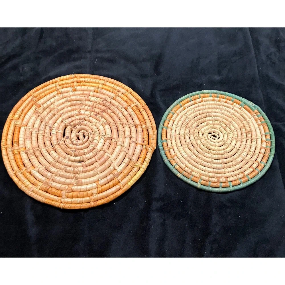 Woven Straw Trivet Set Tan Green Coiled Boho Decor